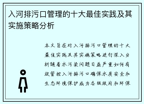 入河排污口管理的十大最佳实践及其实施策略分析