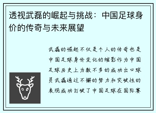 透视武磊的崛起与挑战：中国足球身价的传奇与未来展望
