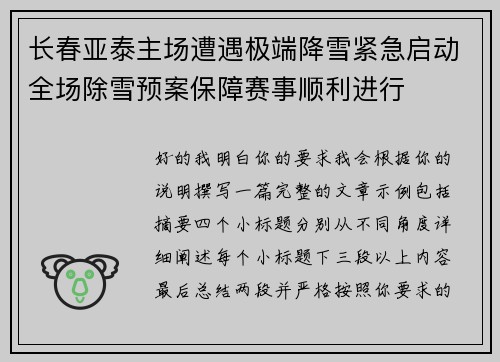 长春亚泰主场遭遇极端降雪紧急启动全场除雪预案保障赛事顺利进行 长春亚泰主场遭遇极端降雪紧急启动全场除雪预案保障赛事顺利进行
